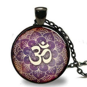Brand New Om Namaste pendant necklace black chain purple pendant